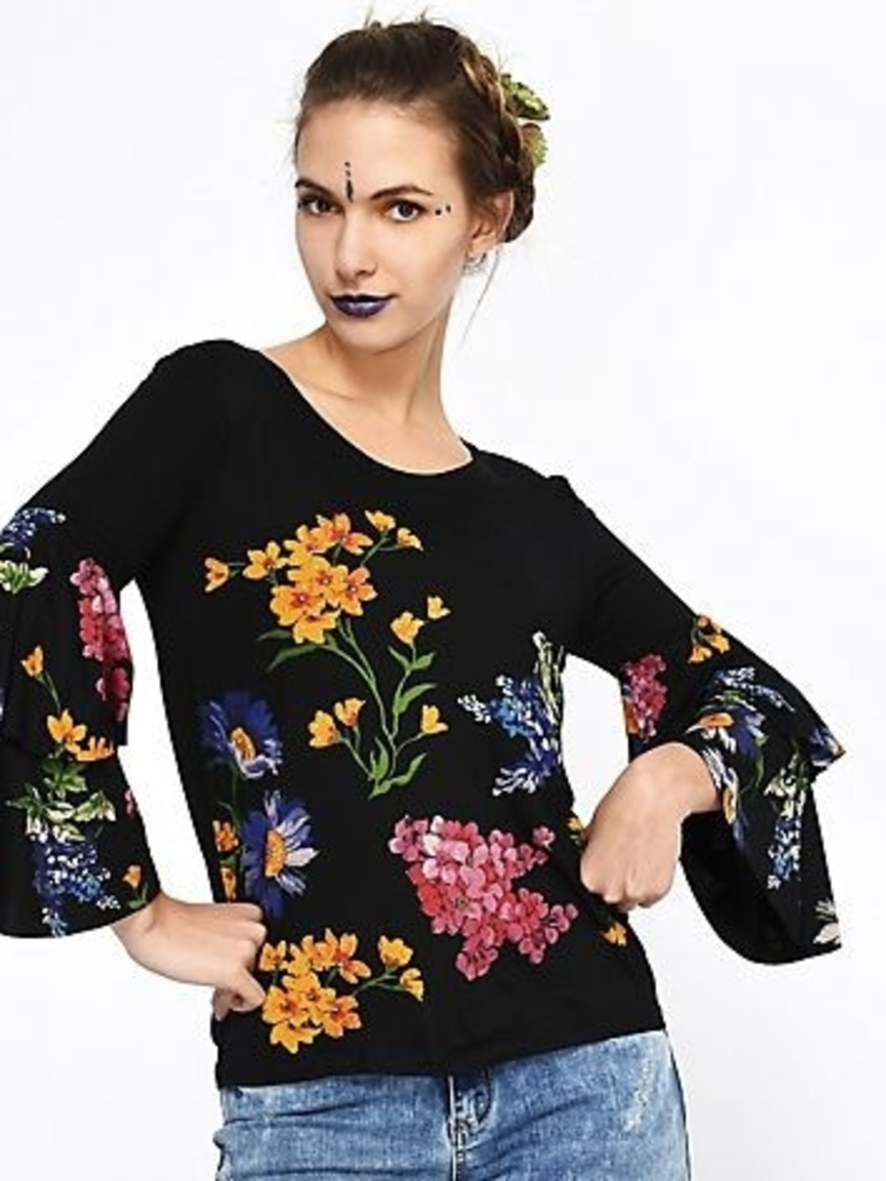 Desigual Black Floral Bell-Sleeve Tunic